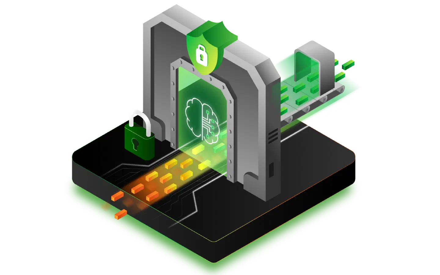 Secure AI gateway with green shield and lock protecting a neural network brain and data flow through a fortified digital portal